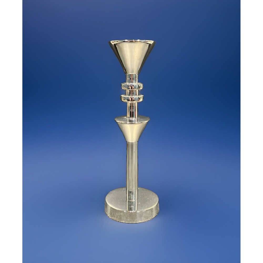 Chrome-Plated Metal Candlestick Holder Postmodern Space Age 8"